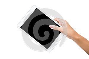 Hand holding tablet isolated white photo