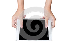 Hand holding tablet isolated white photo