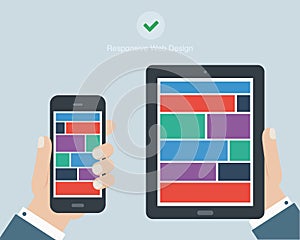 Hand holding tablet and phone responsive flat design