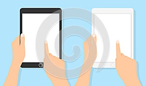 Hand holding tablet and touching screen. Flat vector illustration.