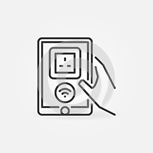 Hand holding Tablet with wi-fi UK socket vector outline icon