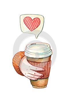 Hand holding takeaway coffee cup with heart doodle isolated on white. Hot drinks, valentines day and love