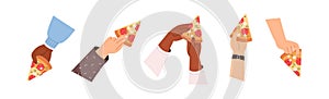 Hand holding, taking triangle pizza slices set. Italian fast food, cut snack pieces. Salami sausage and cheese fastfood