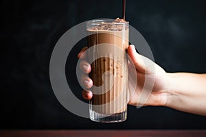 hand holding a tall glass of rich chocolate milkshake