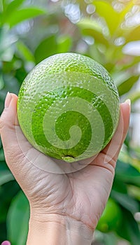 Hand holding tangy lime with lime selection on blurred background, copy space available