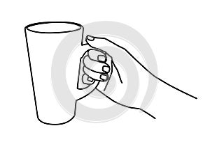 Hand holding a tea or coffee mug hand drawn with thin line