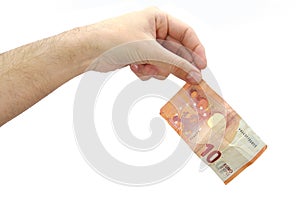 Hand holding a ten euros banknote isolated on photo