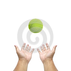 Hand holding tennis ball on white background