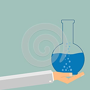 Hand holding test tube with blue liquid. Science and education. Vector illustration