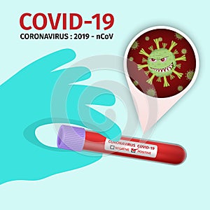 Hand holding test tube with positive Coronavirus result. Virus cell with scary and evil face. Laboratory analysis of Coronavirus