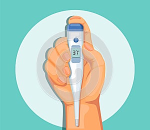 Hand holding thermometer to check temperature body symbol concept in cartoon illustration vector