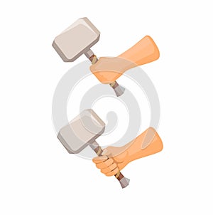 Hand Holding Thor Hammer Symbol Set Cartoon Illustration Vector