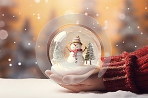 Hand holding Tiny cute christmas contained within a sphere glass bottle on snow background