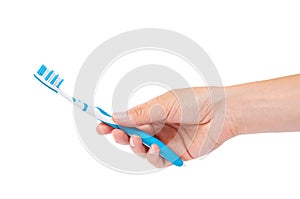 Hand holding tooth brush isolated on white background