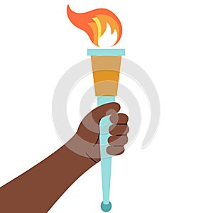 Hand holding torch with fire