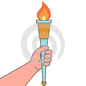 Hand holding torch with fire