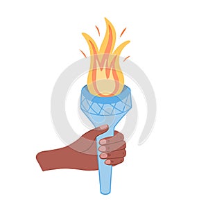 Hand holding torch. Olympic torch in hand american or african people. Vector Illustration for backgrounds and packaging