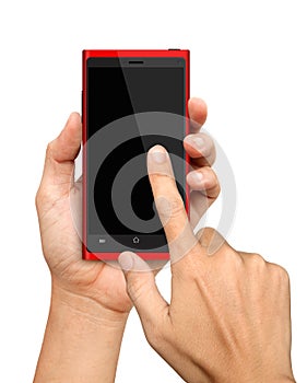 Hand holding and Touch on Red Smartphone