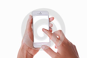 Hand holding and touching blank the screen of smart phone isolated on white background