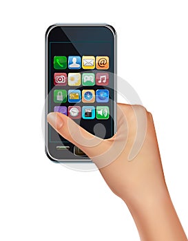 A hand holding touchscreen mobile phone with icons