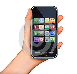 A hand holding touchscreen mobile phone with icons