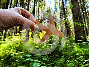 Hand holding toy wooden airplane plane and trees in forest background. Concept of flying on an airplane, travel, leisure