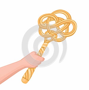 Hand holding traditional rattan mattress beater. unique tools symbol cartoon illustration vector