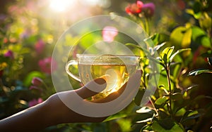 Hand holding a transparent cup of herbal tea, harmonizing with the serene, sunlit natural surroundings.