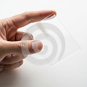 A hand holding a transparent rectangular object against a plain background