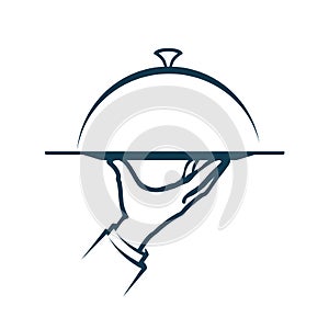 Hand holding a tray. Menu, service logo. Vector illustration