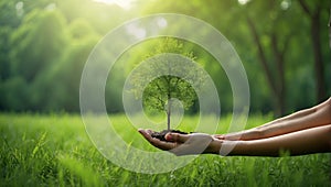 Hand holding tree on nature field grass with bokeh green background