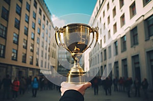 hand holding a trophy in front of a building