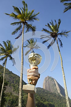 Hand Holding Trophy Rio de Janeiro Skyline