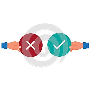 Hand holding true and false sign. Positive and negative feedback concept. Yes or No icons flat design style.