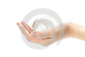 Hand holding a tuft of hair. Close up. Isolated on a white background