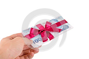 Hand Holding Turkish Lira Banknotes with Ribbon as Gift photo