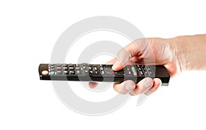 Hand holding the TV remote. Close up. Isolated on white background