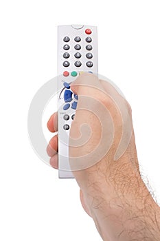 Hand holding a TV remote control