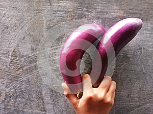 Hand Holding Two Eggplants Against An Unfinished Wall