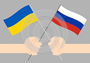 Hand holding Ukraine and Russia flag, Protest for Peace and Stop war concept, flat design illustration isolated on grey background