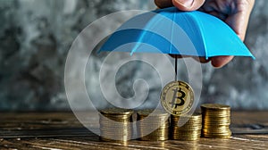 The bitcoin under umbrella.AI generated image