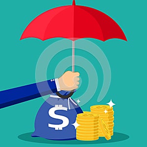 Hand holding umbrella to protect money. for financial savings concept. Vector illustration