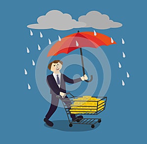 Hand holding umbrella to protect money. Vector illustration for financial savings concept.