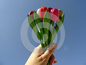 Hand Holding Up a Bouquet of Colorful Wooden Tulips agaist the background of the Blue sky