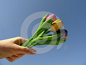 Hand Holding Up a Bouquet of Colorful Wooden Tulips agaist the background of the Blue sky