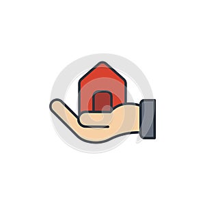 Hand holding up house icon, color, line, outline vector sign, linear style pictogram isolated on white. Symbol, logo illustration