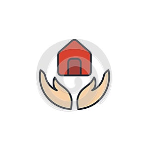 Hand holding up house icon, color, line, outline vector sign, linear style pictogram isolated on white. Symbol, logo illustration