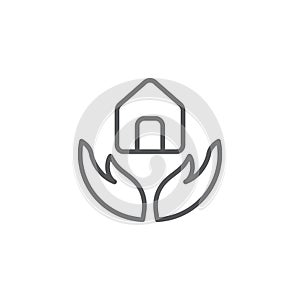 Hand holding up house icon, color, line, outline vector sign, linear style pictogram isolated on white. Symbol, logo illustration