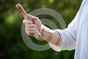 hand holding up a qi gong wand photo