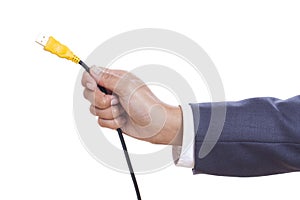 hand holding USB cable.